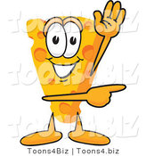 Vector Illustration of a Cartoon Cheese Mascot Waving and Pointing to the Right by Mascot Junction
