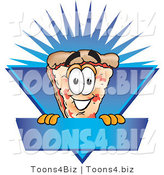 Vector Illustration of a Cartoon Cheese Pizza Mascot on a Blank Blue Label by Mascot Junction