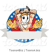 Vector Illustration of a Cartoon Cheese Pizza Mascot over a Blank White Banner on an American Themed Business Logo by Mascot Junction