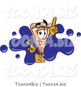 Vector Illustration of a Cartoon Cheese Pizza Mascot Pointing Upwards and Standing in Front of a Blue Paint Splatter on a Business Logo by Mascot Junction