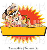 Vector Illustration of a Cartoon Cheese Pizza Mascot Reclining on a Blank Yellow and Orange Label by Mascot Junction