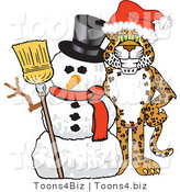 Vector Illustration of a Cartoon Cheetah Mascot with a Snowman by Mascot Junction