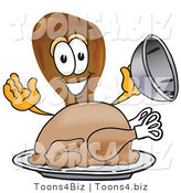 Vector Illustration of a Cartoon Chicken Drumstick Mascot Serving a Thanksgiving Turkey on a Platter by Mascot Junction