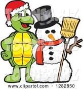 Vector Illustration of a Cartoon Christmas Turtle Mascot with a Winter Snowman by Mascot Junction