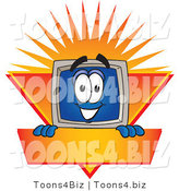 Vector Illustration of a Cartoon Computer Mascot Logo Showing the Monitor Smiling over an Orange and Yellow Banner Against a Sunburst by Mascot Junction