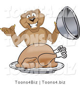 Vector Illustration of a Cartoon Cougar Mascot Character Serving a Thanksgiving Turkey by Mascot Junction