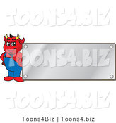 Vector Illustration of a Cartoon Devil Mascot by a Silver Plaque by Mascot Junction