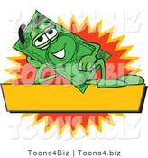 Vector Illustration of a Cartoon Dollar Bill Mascot Reclining over a Blank Yellow Label by Mascot Junction