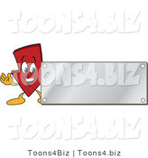 Vector Illustration of a Cartoon down Arrow Logo Mascot with a Silver Plaque Sign by Mascot Junction