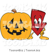 Vector Illustration of a Cartoon down Arrow Mascot by a Halloween Pumpkin by Mascot Junction