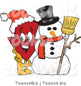 Vector Illustration of a Cartoon down Arrow Mascot by a Snowman by Mascot Junction