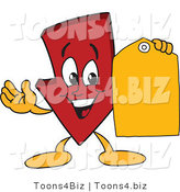 Vector Illustration of a Cartoon down Arrow Mascot Holding a Yellow Tag by Mascot Junction