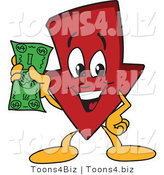 Vector Illustration of a Cartoon down Arrow Mascot Holding Cash by Mascot Junction