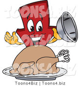 Vector Illustration of a Cartoon down Arrow Mascot Serving a Thanksgiving Turkey by Mascot Junction