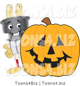 Vector Illustration of a Cartoon Electric Plug Mascot with a Halloween Pumpkin by Mascot Junction