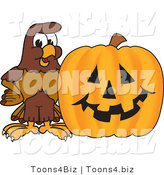 Vector Illustration of a Cartoon Falcon Mascot Character with a Pumpkin by Mascot Junction