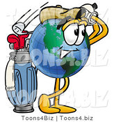 Vector Illustration of a Cartoon Globe Mascot Swinging His Golf Club While Golfing by Mascot Junction