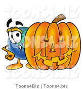 Vector Illustration of a Cartoon Globe Mascot with a Carved Halloween Pumpkin by Mascot Junction