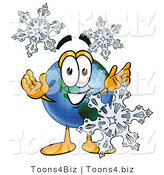 Vector Illustration of a Cartoon Globe Mascot with Three Snowflakes in Winter by Mascot Junction