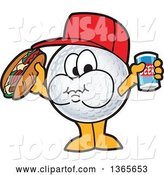 Vector Illustration of a Cartoon Golf Ball Sports Mascot Holding a Beer and Eating a Hot Dog by Mascot Junction