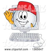 Vector Illustration of a Cartoon Golf Ball Sports Mascot Waving from a Computer Screen by Mascot Junction