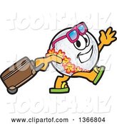 Vector Illustration of a Cartoon Golf Ball Sports Mascot Wearing a Hawaiian Lei and Sunglasses, Walking with a Rolling Suitcase by Mascot Junction