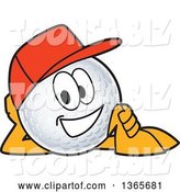 Vector Illustration of a Cartoon Golf Ball Sports Mascot Wearing a Red Hat and Resting on His Side by Mascot Junction