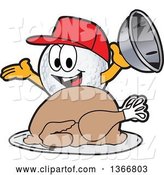 Vector Illustration of a Cartoon Golf Ball Sports Mascot Wearing a Red Hat and Serving a Roasted Thanksgiving Turkey by Mascot Junction