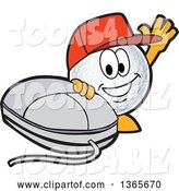 Vector Illustration of a Cartoon Golf Ball Sports Mascot Wearing a Red Hat and Waving by a Computer Mouse by Mascot Junction
