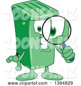 Vector Illustration of a Cartoon Green Rolling Trash Can Mascot Searching with a Magnifying Glass by Mascot Junction