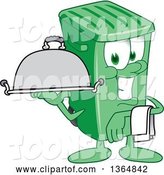 Vector Illustration of a Cartoon Green Rolling Trash Can Mascot Waiter Holding a Cloche Platter by Mascot Junction