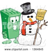 Vector Illustration of a Cartoon Green Rolling Trash Can Mascot with a Christmas Snowman by Mascot Junction