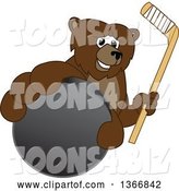 Vector Illustration of a Cartoon Grizzly Bear School Mascot Grabbing a Puck and Holding a Hockey Stick by Mascot Junction