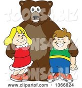 Vector Illustration of a Cartoon Grizzly Bear School Mascot Posing with Students by Mascot Junction