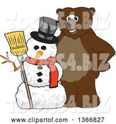 Vector Illustration of a Cartoon Grizzly Bear School Mascot with a Christmas Snowman by Mascot Junction