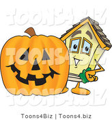 Vector Illustration of a Cartoon Home Mascot Beside Halloween Pumpkin by Mascot Junction