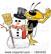 Vector Illustration of a Cartoon Hornet School Mascot with a Christmas Snowman by Mascot Junction