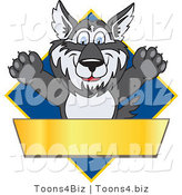 Vector Illustration of a Cartoon Husky Mascot Logo over a Blue Diamond with a Blank Gold Banner by Mascot Junction