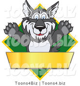 Vector Illustration of a Cartoon Husky Mascot Logo over a Green Diamond with a Blank Gold Banner by Mascot Junction