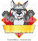 Vector Illustration of a Cartoon Husky Mascot Logo over a Red Diamond with a Blank Gold Banner by Mascot Junction