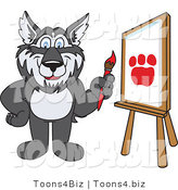 Vector Illustration of a Cartoon Husky Mascot Painting a Paw Print by Mascot Junction