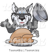 Vector Illustration of a Cartoon Husky Mascot Serving a Thanksgiving Turkey by Mascot Junction