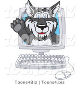 Vector Illustration of a Cartoon Husky Mascot Waving on a Computer Screen by Mascot Junction