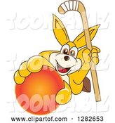 Vector Illustration of a Cartoon Kangaroo Mascot Holding up a Field Hockey Stick and Ball by Mascot Junction