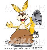 Vector Illustration of a Cartoon Kangaroo Mascot Serving a Roasted Thanksgiving Turkey by Mascot Junction