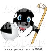 Vector Illustration of a Cartoon Killer Whale Orca Mascot Grabbing a Hockey Ball and Holding a Stick by Mascot Junction