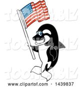Vector Illustration of a Cartoon Killer Whale Orca Mascot Waving American Flag by Mascot Junction