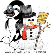 Vector Illustration of a Cartoon Killer Whale Orca Mascot with a Snowman by Mascot Junction