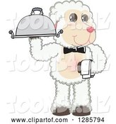 Vector Illustration of a Cartoon Lamb Mascot Waiter Holding a Cloche Platter by Mascot Junction
