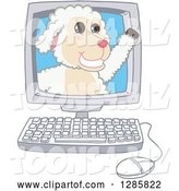 Vector Illustration of a Cartoon Lamb Mascot Waving from a Computer Screen by Mascot Junction